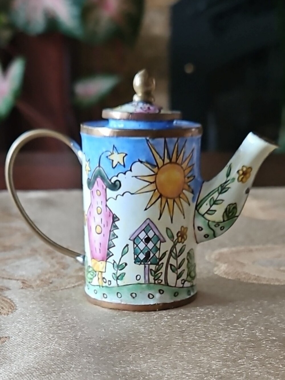 Vintage Empress Arts 2000 Enamel Miniature Teapot Whimsical Garden Scene